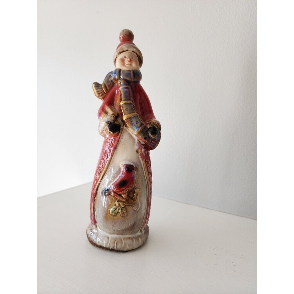 Christmas Winter Ceramic Snowman With A Cardinal Bird Glazed Shiny 8.5 In